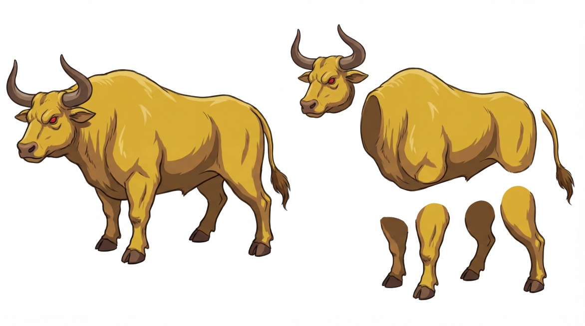 将图中的黄色公牛进行拆分，左侧保留完整的黄色公牛，右侧拆分出公牛的头部、身体、四肢、尾巴等身体部件，风格保持一致预览效果