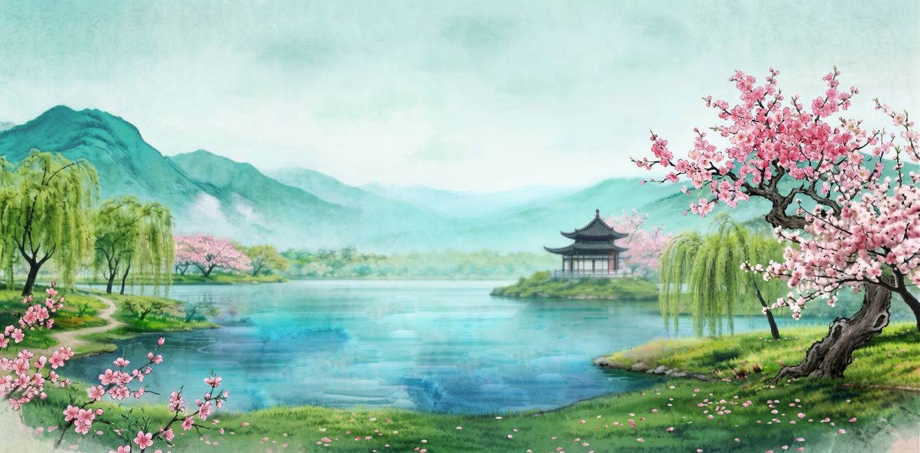 生成和参考图风格相近的春日江南风景图，包含青绿色远山、澄澈湖水、垂柳、盛放的粉色桃花、湖中小岛上的中式古亭，整体氛围清新柔和，充满春意预览效果