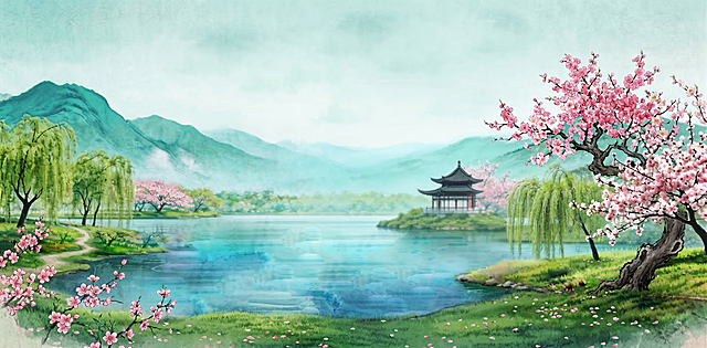 生成和参考图风格相近的春日江南风景图，包含青绿色远山、澄澈湖水、垂柳、盛放的粉色桃花、湖中小岛上的中式古亭，整体氛围清新柔和，充满春意