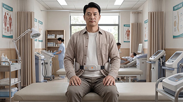 保持人物和腰部艾灸产品细节不变，将背景替换为真实社区医院治疗室场景，真实高清摄影风格，4K画质