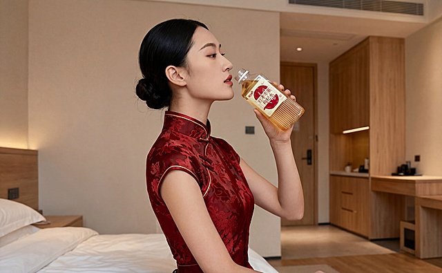 保持图中穿红色旗袍女性的五官、面部、旗袍细节完全不变，将她手中的黄色饮品瓶替换为红枣苹果枸杞水，饮品尺寸贴合原有尺寸，呈开盖状态，背景延展补全，画面整体清晰