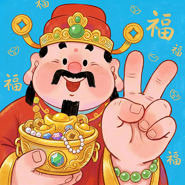 Q版可爱财神，圆润的脸庞，喜庆的红色官帽配金色装饰和绿色宝石，红色传统服饰，手捧聚宝盆，咧嘴大笑，卡通手绘风格，色彩鲜艳明快