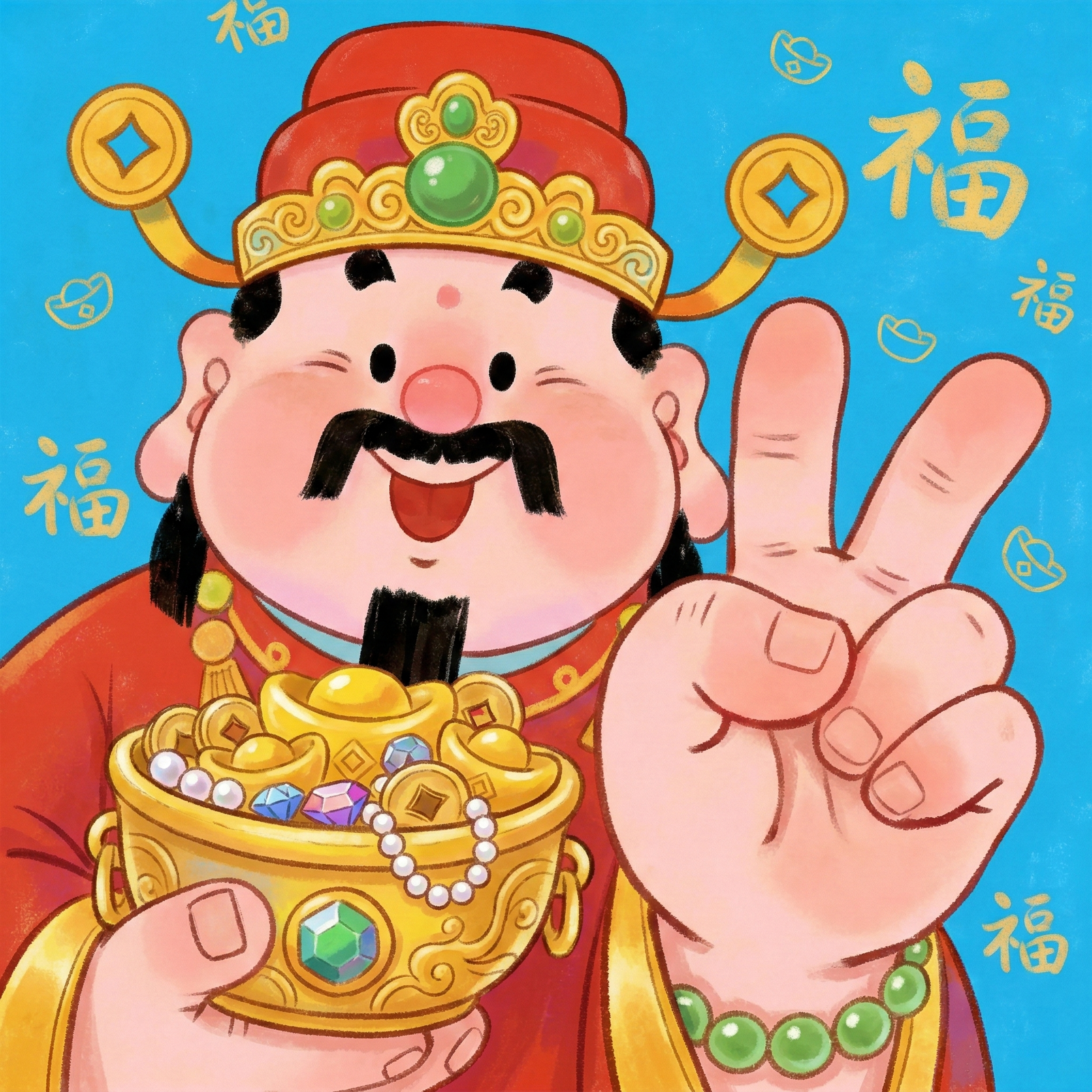 Q版可爱财神，圆润的脸庞，喜庆的红色官帽配金色装饰和绿色宝石，… - 图片创意预览