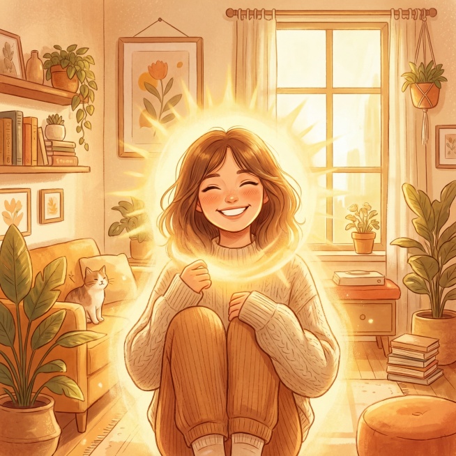 暖色调治愈系画面，一位笑容灿烂的年轻女孩子，周身环绕着柔和温暖的金色光晕，像小太阳一样散发光芒，背景是温馨明亮的日常场景，整体氛围温暖积极，不包含任何文字内容，通过画面传递活成自己的太阳、既能照亮生活预览效果