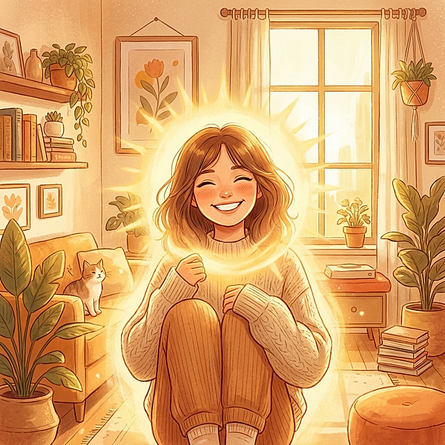 暖色调治愈系画面，一位笑容灿烂的年轻女孩子，周身环绕着柔和温暖的金色光晕，像小太阳一样散发光芒，背景是温馨明亮的日常场景，整体氛围温暖积极，不包含任何文字内容，通过画面传递活成自己的太阳、既能照亮生活也能温暖自己的主题