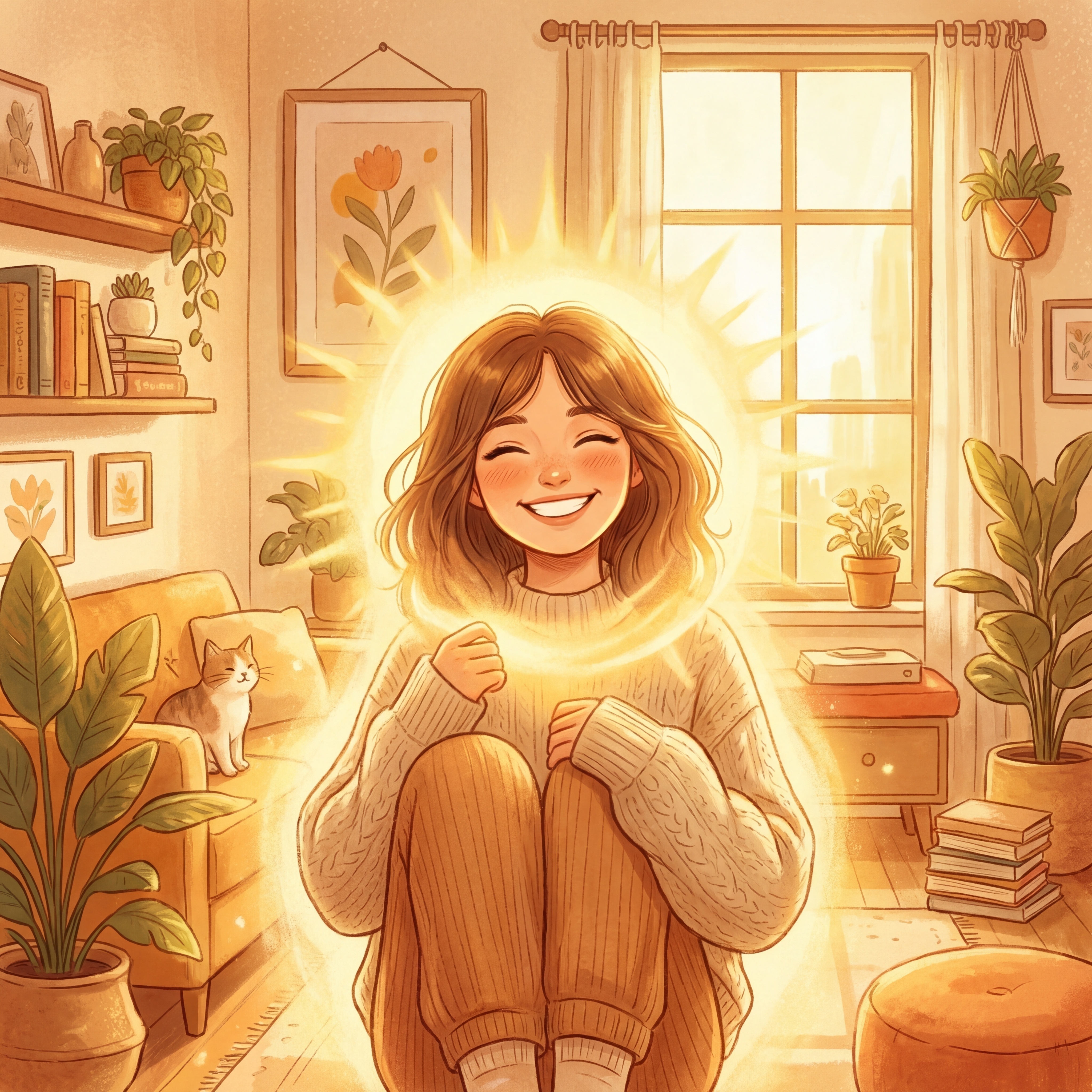 暖色调治愈系画面，一位笑容灿烂的年轻女孩子，周身环绕着柔和温暖… - 图片创意预览