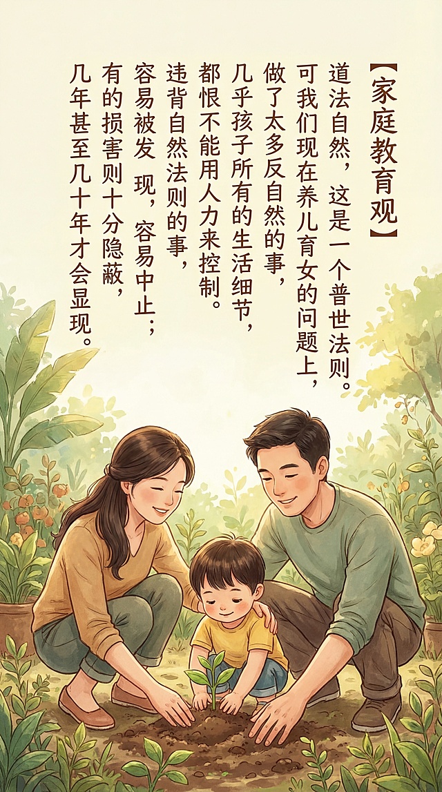 家庭教育主题宣传海报，画面中有中国父母和中国孩子，氛围温馨自然，画面上清晰书写正确的中文文字：“【家庭教育观】道法自然，这是一个普世法则。可我们现在在养儿育女的问题上，做了太多反自然的事，几乎孩子所有的生活细节，都恨不能用人力来控制。违背自然法则的事，有的能很快看到后果，容易被发现，容易中止；有的损害则十分隐蔽，几年甚至几十年才会显现。”，整体风格温暖治愈，符合家庭教育的正向氛围