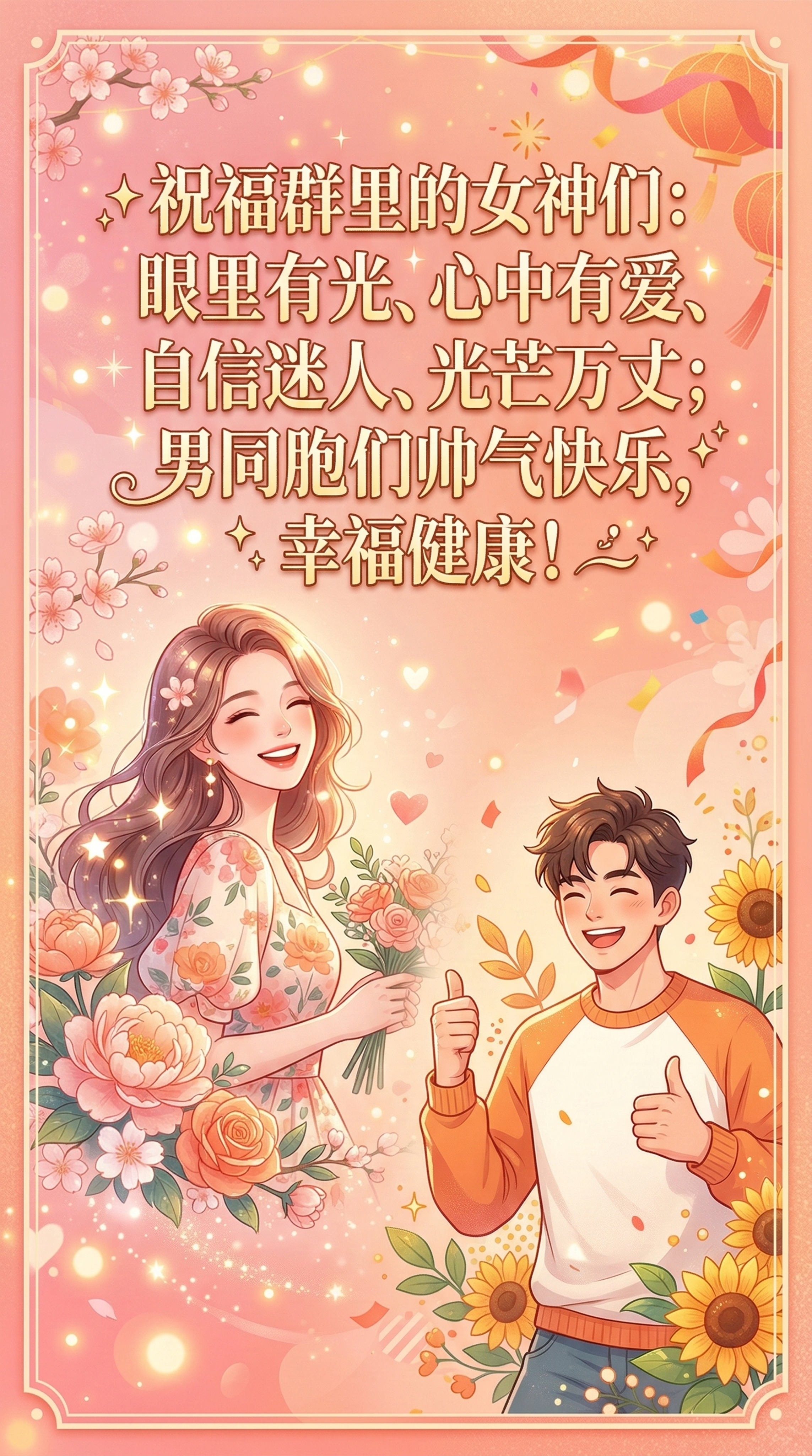 三八女神节祝福海报，画面整体温暖明亮，风格温馨喜庆，左侧有柔美… - 图片创意预览