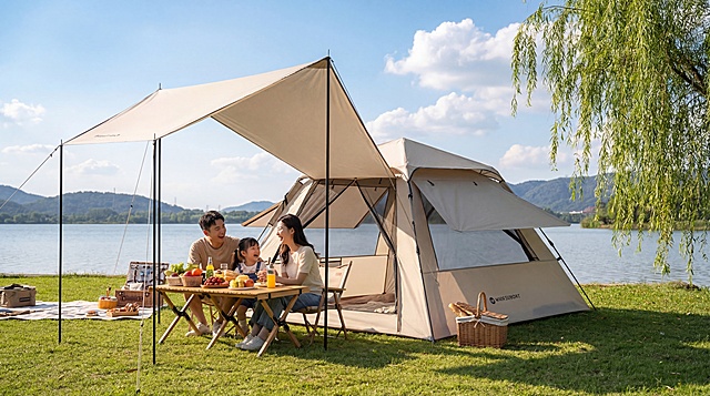 45°斜侧平视偏俯视角，完整展示参考图中的卡其色帐篷加延伸式天幕结构，帐篷带纱网门窗，天幕由黑色金属杆支撑，场景为城市近郊湖滨草坪，翠绿短草坪，平静湖面，远山，晴朗蓝天白云，右侧垂柳树梢点缀，春日午后柔和暖调自然光，清晰阴影，治愈温馨氛围，真实感强，色彩明亮温暖，突出产品与家庭生活场景，帐篷旁一家三口（年轻父母+小女孩）在折叠桌前野餐，分享美食欢笑，整体风格温馨自然。