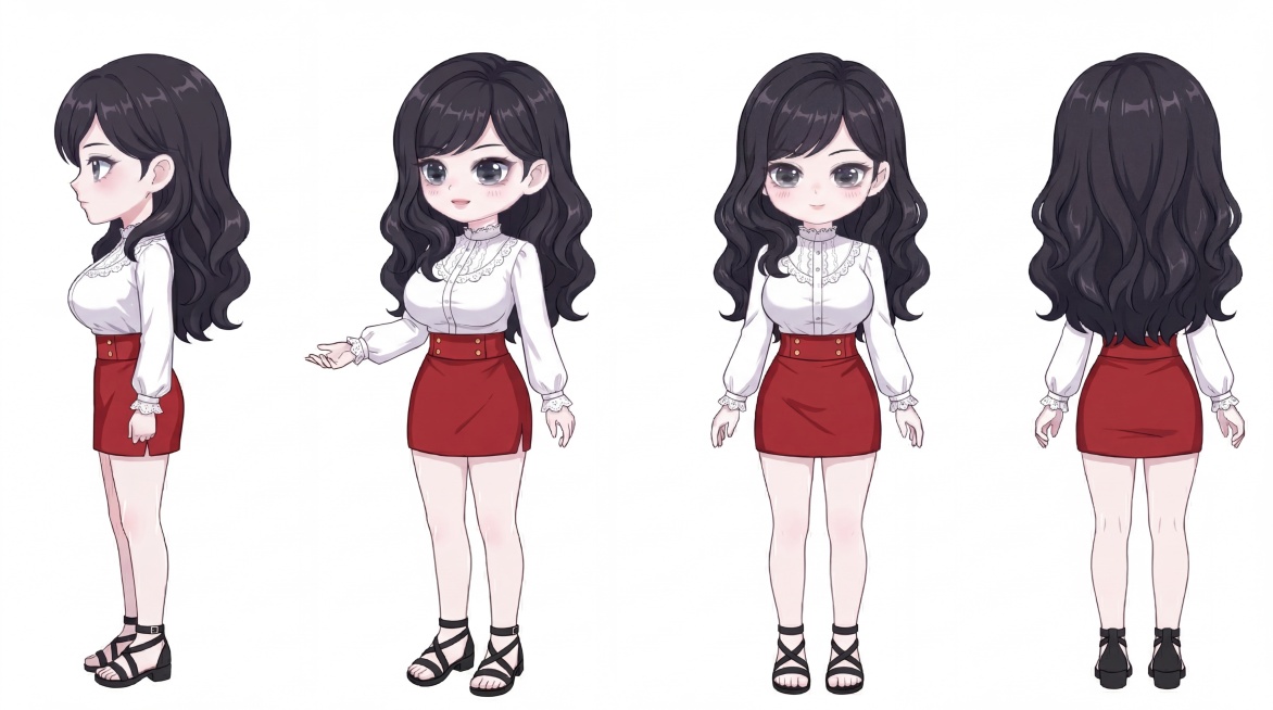 将图中Q版女孩修改为胸部超级丰满，发型改为法式风格斜刘海配黑色大波浪卷发（末期风格），上身穿带有蕾丝边的白色衬衫，下身换成红色高腰裙，脚穿黑色细带凉鞋，保持多视角展示的人设图样式预览效果
