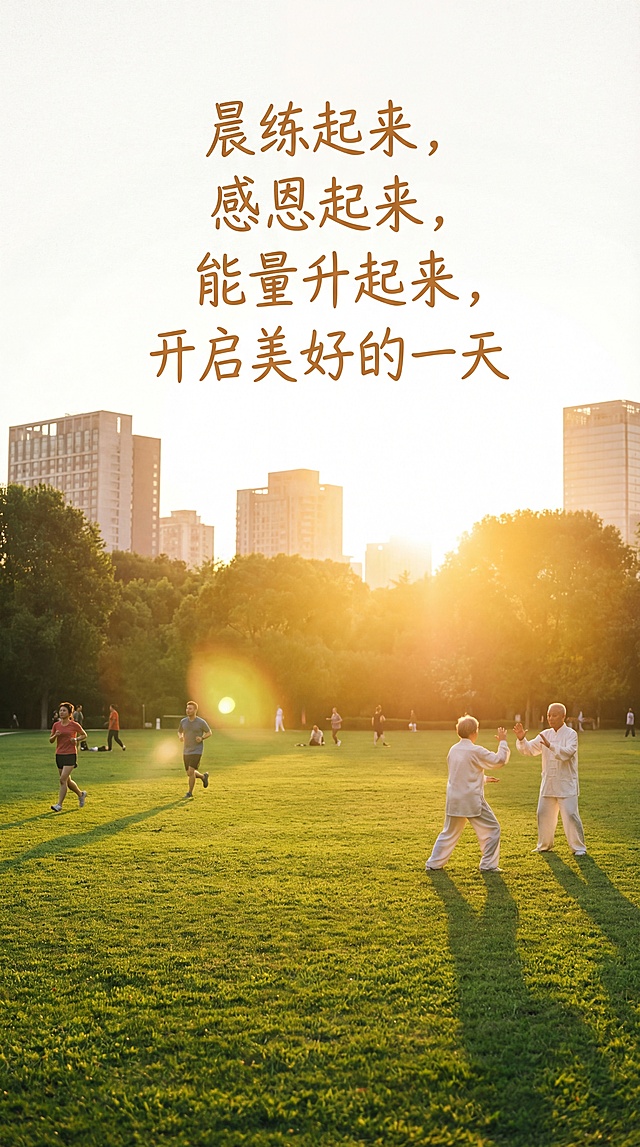 暖色调清晨治愈风画面，阳光洒在城市公园的绿草坪上，有晨跑的人、打太极的老人，画面上方配文字“晨练起来，感恩起来，能量升起来，开启美好的一天”，整体氛围明亮温暖充满积极活力