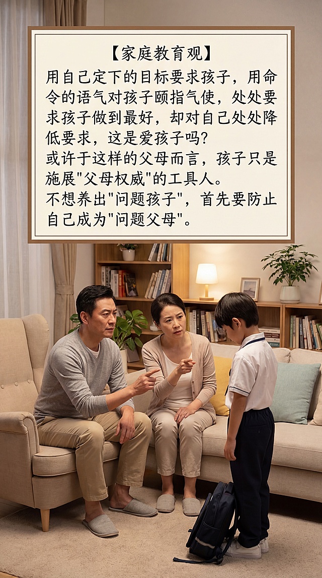 一张家庭教育主题宣传图，画面中有一对面带严肃的中国父母对着低头站立的中国孩子说话，背景是温馨的家庭客厅场景。图片上清晰书写中文文案：【家庭教育观】用自己定下的目标要求孩子，用命令的语气对孩子颐指气使，处处要求孩子做到最好，却对自己处处降低要求，这是爱孩子吗？或许于这样的父母而言，孩子只是施展"父母权威"的工具人。不想养出"问题孩子"，首先要防止自己成为"问题父母"。要求文字书写清晰正确，整体风格写实温暖，传递反思家庭教育的主题。