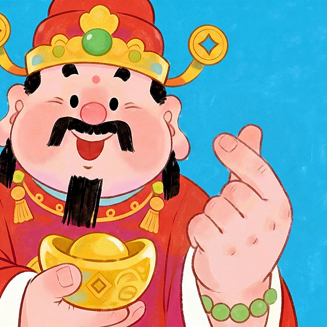 Q版可爱财神，圆润的脸庞，喜庆的红色官帽配金色装饰和绿色宝石，红色传统服饰，抱着金元宝，做出比心的手势，卡通手绘风格，色彩鲜艳明快
