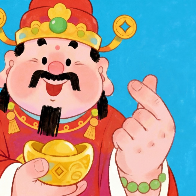 Q版可爱财神，圆润的脸庞，喜庆的红色官帽配金色装饰和绿色宝石，红色传统服饰，抱着金元宝，做出比心的手势，卡通手绘风格，色彩鲜艳明快预览效果