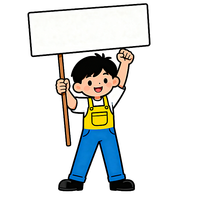 留着黑色短发、面带微笑的卡通男孩，穿着白色内搭、黄色带口袋的背带工装和蓝色长裤，脚踩黑色鞋子，姿态充满干劲。他双手高举，一只手握着木杆，另一只手攥拳鼓劲，共同托举着一块白底的长方形牌子，卡通风格，画面干净明亮