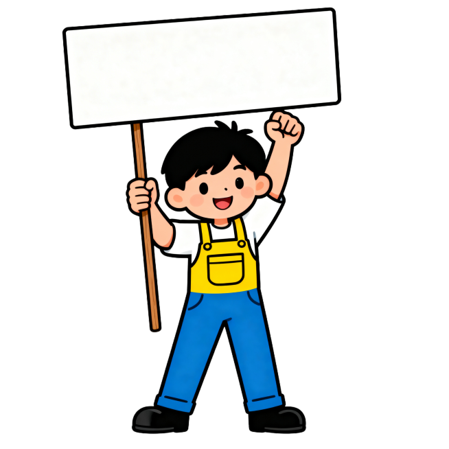 留着黑色短发、面带微笑的卡通男孩，穿着白色内搭、黄色带口袋的背带工装和蓝色长裤，脚踩黑色鞋子，姿态充满干劲。他双手高举，一只手握着木杆，另一只手攥拳鼓劲，共同托举着一块白底的长方形牌子，卡通风格，画面预览效果