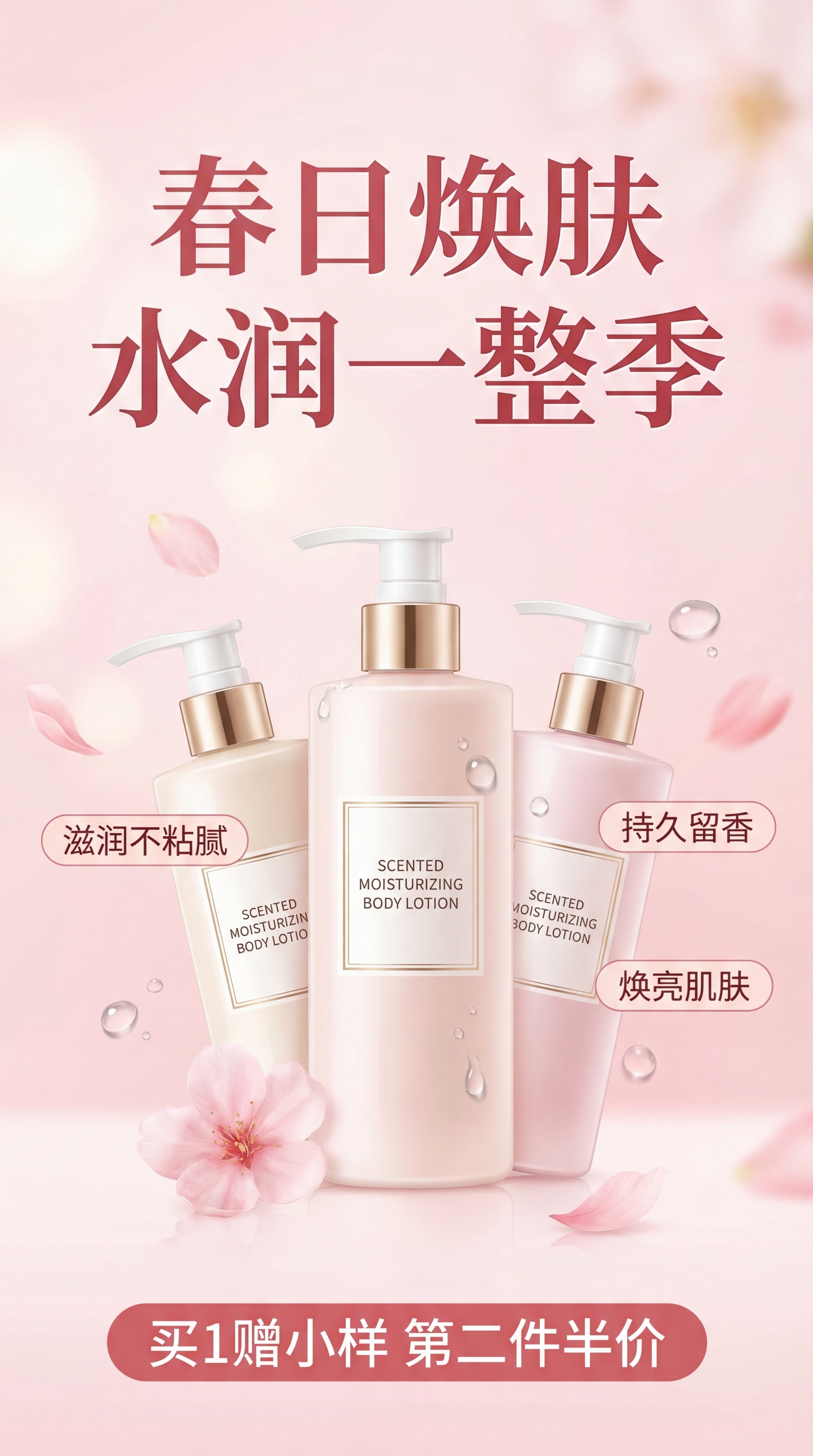 清新春日电商竖版海报，浅粉柔光背景，画面中部主体是3瓶香氛保湿… - 图片创意预览