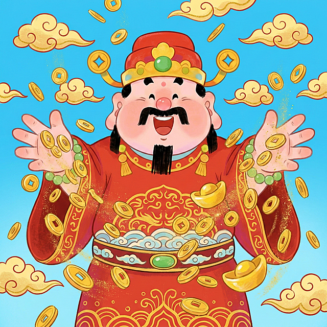 Q版可爱财神，圆润的脸庞，喜庆的红色官帽配金色装饰和绿色宝石，红色传统服饰，撒出金币，双手张开，卡通手绘风格，色彩鲜艳明快