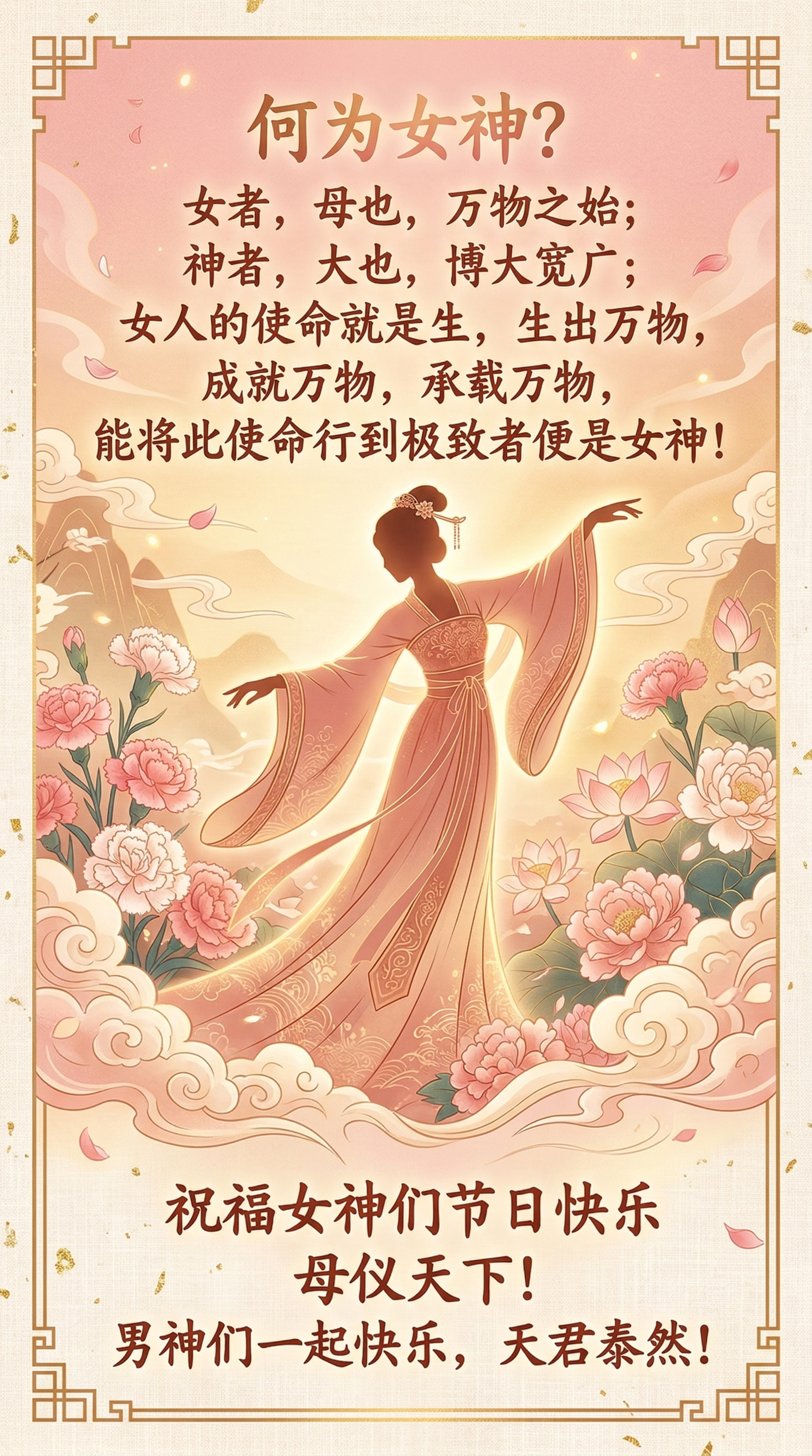 国风典雅女神节海报，暖金+柔粉为主色调，画面中心是舒展优雅的女… - 图片创意预览