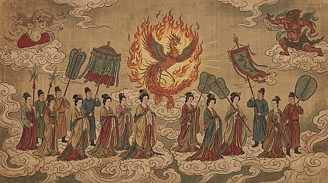 以永乐宫《朝元图》朝拜队列布局为基础，将神仙替换为北朝皇后、宫女、太监，人物造型、服饰参考东魏茹茹公主墓北朝宫廷风格，衣袂飘逸，呈现逝者升天的仙气氛围，仪仗为魏晋皇家羽葆、华盖、执戟、持扇形制；画面上方两侧放置参考图2的力士护佑形象，画面中间放置参考图1的大凤凰造型寓意凤凰涅槃浴火重生；用永乐宫《朝元图》的飘逸云纹贯穿画幅；整体采用东魏茹茹公主墓壁画弯曲卷曲的劲挺线条，为老绢材质效果，色彩沉稳古朴，整体为新绘制但带有古雅质感，无破损斑驳