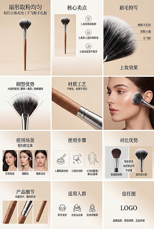 共12张天猫详情页套图，统一高级美妆轻奢风格，浅米白渐变背景，字体使用纤细衬线体+细无衬线体，全系列风格统一。
第1张（主图）：居中展示精修后的扇形高光刷全貌，顶部大字突出文案：“扇形取粉均匀｜轻扫立体高光｜不飞粉不扎脸”，画面干净高级。
第2张（核心卖点）：左图放刷子缩略图，右侧三个简约图标对应三大卖点：“1. 扇形精准取粉 2. 柔软人造纤维刷毛 3. 轻扫提亮不重手”，排版简约专业。
第3张（刷毛特写）：微距拍摄刷头，清晰展示刷毛柔软蓬松、细密不扎肤、抓粉力强，无飞粉，旁配小字说明。
第4张（刷型优势）：扇形刷头示意图，标注三个适用部位：“大面积提亮｜颧骨 / 鼻梁 / 唇峰通用”。
第5张（材质工艺）：刷柄+接口特写，展示原木质感、金属加固工艺，配文“不掉毛、耐用不变形”。
第6张（上妆效果）：侧面展示刷子轻扫脸部颧骨的自然清透高光妆效，角度自然。
第7张（使用场景）：三张小图分别对应“日常妆容、通勤妆、精致淡妆”，配文“轻扫即立体”。
第8张（使用步骤）：三步简笔画+文字：“1. 蘸取高光粉 2. 轻抖余粉 3. 扫在颧骨/鼻尖/眉骨”，清晰易懂。
第9张（对比优势）：左右分栏，左为普通散粉刷，右为扇形高光刷，标注三点优势：“取粉更准、妆感更自然、不厚重”。
第10张（产品细节）：三个细节特写：刷柄LOGO位、接口加固、握柄长度，配文“长度适中、握持舒适”。
第11张（适用人群）：图标+文字：“新手友好、化妆台必备、化妆师推荐”。
第12张（信任图）：简洁大气，居中放品牌LOGO，下方三行小字：“品牌品质、售后保障、正品承诺”。
全套图高清质感，排版专业，信息层级清晰，符合天猫详情页规范。