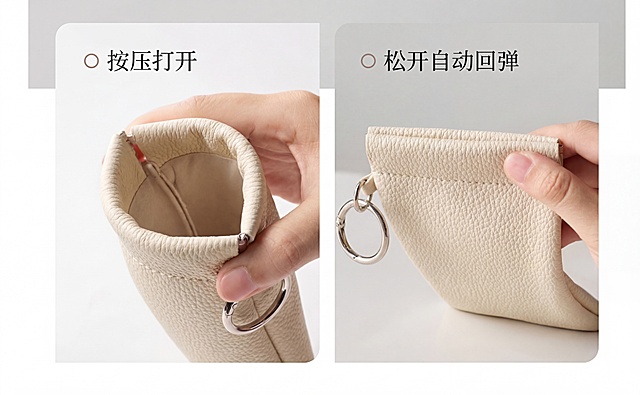将图片一中两个小图里眼镜袋的黑色部分替换为图片二中的米白色荔枝纹