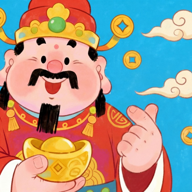 Q版可爱财神，圆润的脸庞，喜庆的红色官帽配金色装饰和绿色宝石，红色传统服饰，手持金元宝，做出不同的喜庆手势，卡通手绘风格，色彩鲜艳明快预览效果