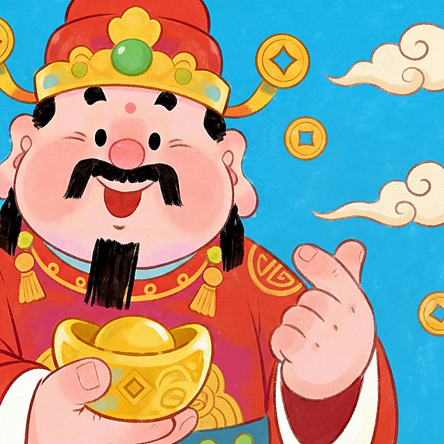 Q版可爱财神，圆润的脸庞，喜庆的红色官帽配金色装饰和绿色宝石，红色传统服饰，手持金元宝，做出不同的喜庆手势，卡通手绘风格，色彩鲜艳明快