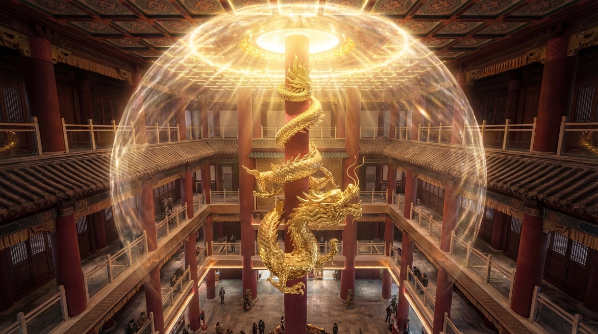 中景，金龙昂首，触须轻颤，藻井光芒骤然明亮，结界泛起涟漪，电影感镜头，材质肌理真实，无框无缝预览效果