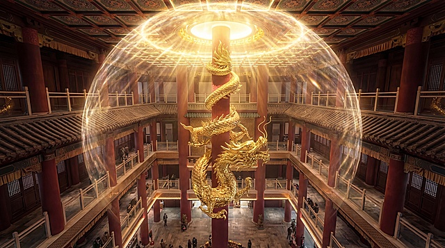 中景，金龙昂首，触须轻颤，藻井光芒骤然明亮，结界泛起涟漪，电影感镜头，材质肌理真实，无框无缝