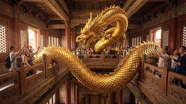 平视，金龙来到二楼回廊高度，龙尾扫过雕花栏杆，游客驻足仰望，电影感镜头，材质肌理真实，无框无缝