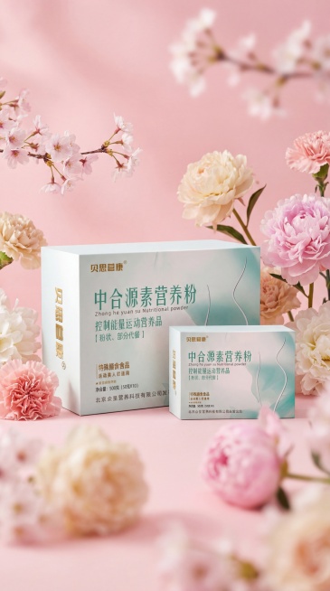 将背景替换为柔粉色调，添加具有景深及移轴效果的花朵，营造三八妇女节氛围，保留一大一小两个产品在画面中心，赋予产品打光的光泽感和阴影过渡，整体风格轻盈明快，画面光影细腻，呼吸感留白营造高端健康形象，不添预览效果