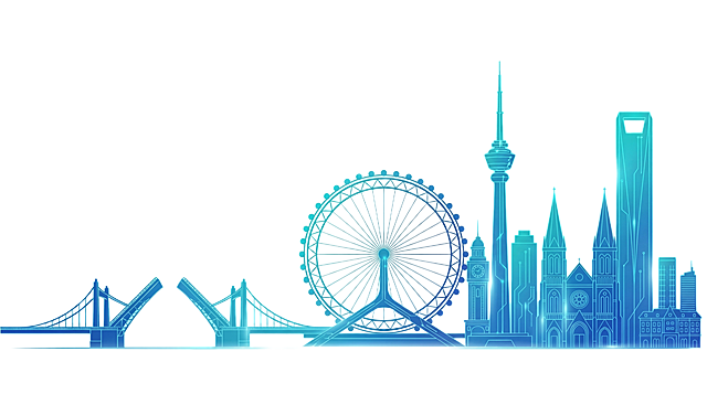 参考图中的蓝青渐变科技线条剪影风格，生成天津地标建筑群，包含天津之眼、世纪钟、解放桥、小白楼、天塔、西开教堂、京塔，排列有序有层次感，构图舒展，白色背景，简约高级