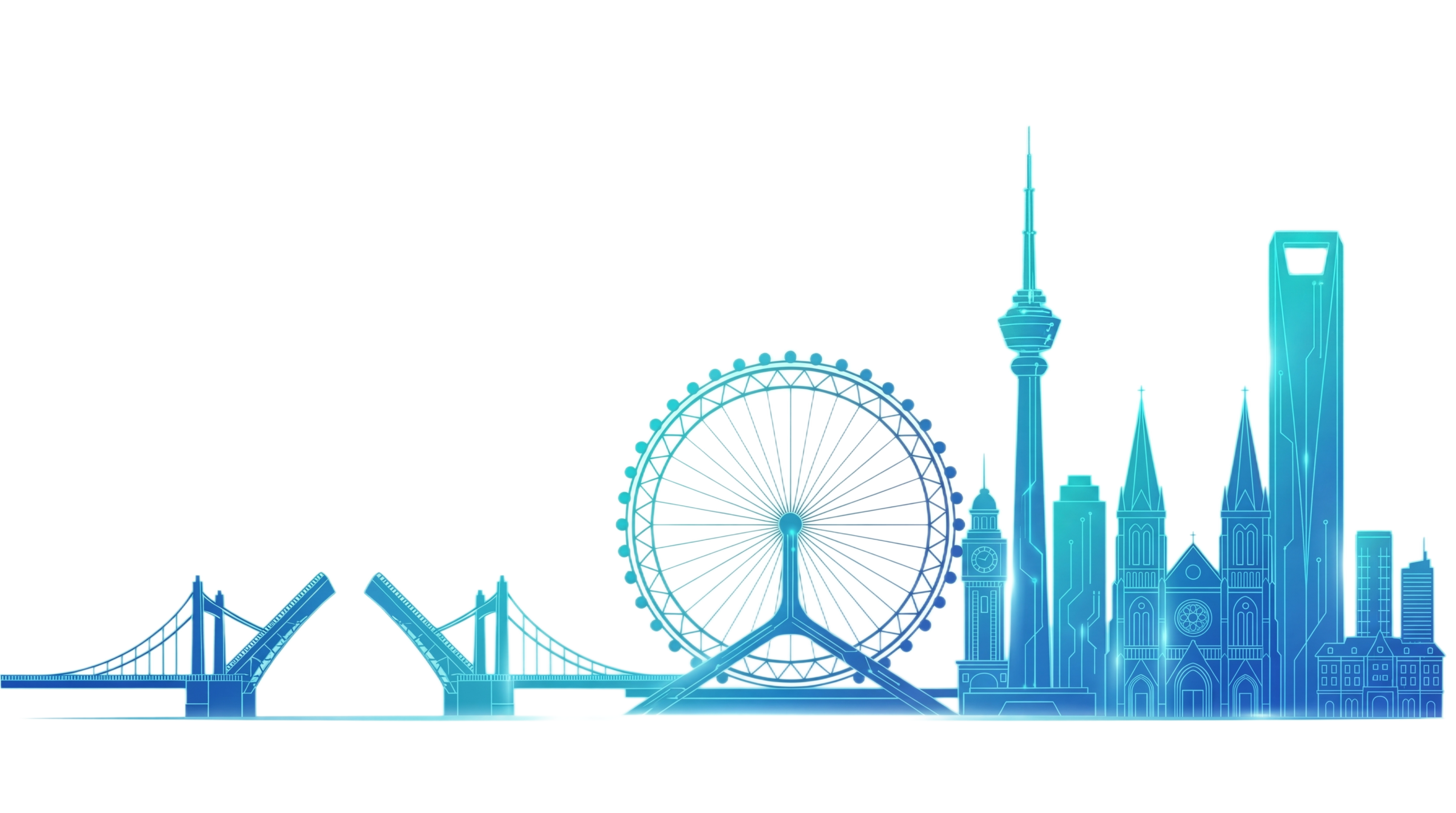 参考图中的蓝青渐变科技线条剪影风格，生成天津地标建筑群，包含天… - 图片创意预览