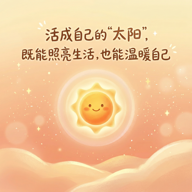 治愈暖色调风格插画，画面中心是一个明亮温暖的小太阳，太阳周围环绕着温柔的光晕，背景是柔和的暖橙色和浅黄色渐变，点缀着细碎的星光，画面上方有文字"活成自己的"太阳"，既能照亮生活，也能温暖自己"，整体氛预览效果