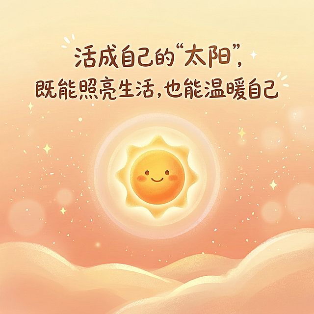 治愈暖色调风格插画，画面中心是一个明亮温暖的小太阳，太阳周围环绕着温柔的光晕，背景是柔和的暖橙色和浅黄色渐变，点缀着细碎的星光，画面上方有文字"活成自己的"太阳"，既能照亮生活，也能温暖自己"，整体氛围温暖治愈，充满积极向上的力量感
