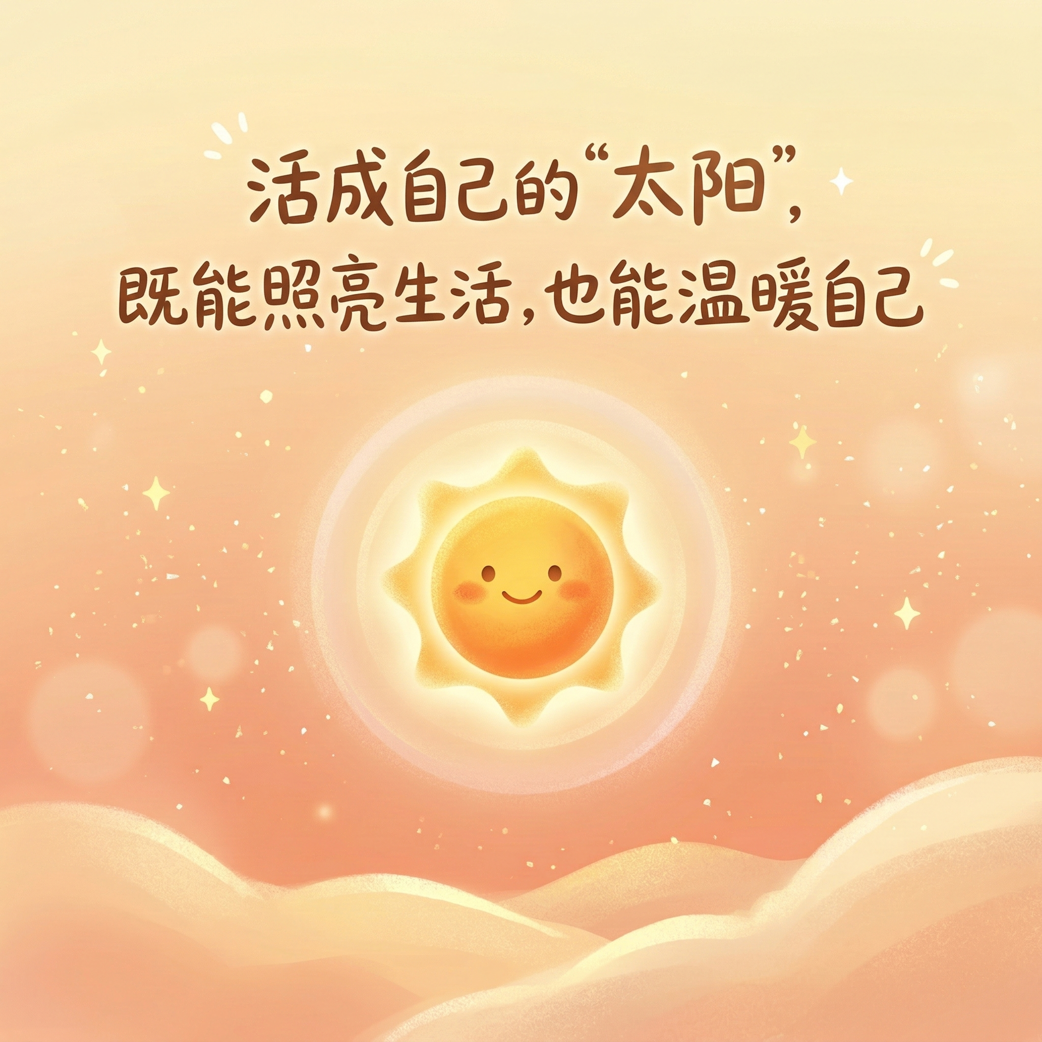 治愈暖色调风格插画，画面中心是一个明亮温暖的小太阳，太阳周围环… - 图片创意预览