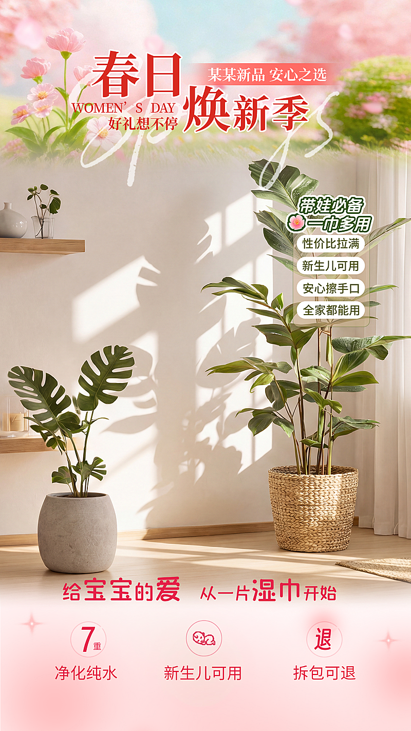 春日焕新季湿巾人物直播背景贴片