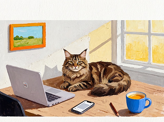 将图中的猫咪改成棕虎缅因猫，整体版型改为横版，其余元素、风格保持不变：油画棒手绘质感，粗糙画纸纹理，低饱和度柔和配色，大块平涂，暖色调为主，稚拙可爱温暖治愈，上方预留1/4留白，下方预留少量留白，手绘感强。