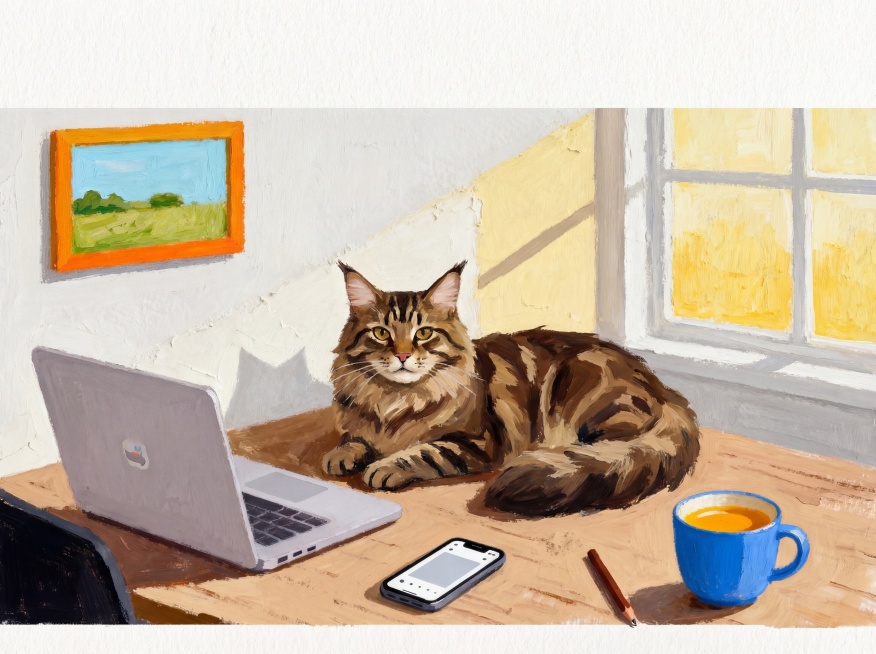 将图中的猫咪改成棕虎缅因猫，整体版型改为横版，其余元素、风格保持不变：油画棒手绘质感，粗糙画纸纹理，低饱和度柔和配色，大块平涂，暖色调为主，稚拙可爱温暖治愈，上方预留1/4留白，下方预留少量留白，手绘预览效果