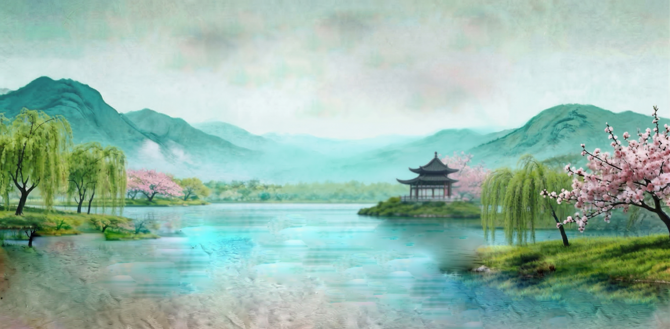 生成和参考图完全一致的图片，中国风春日山水，湖中小岛有中式古亭，岸边柳树垂枝，桃花盛开，远山朦胧，湖水澄澈，清新淡雅的国风风景预览效果