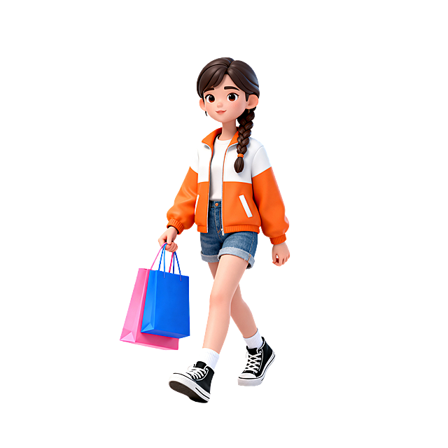 3D风格，白色背景，扎着麻花辫的年轻女人，迎面朝着前方走，一只手里拎着蓝色和粉色的购物袋，另一只手自然握住，上身穿着橙色和白色拼接的外套，下身穿着牛仔短裤，脚上穿着黑白帆布鞋，露出白色的袜子，整体画面干净明亮