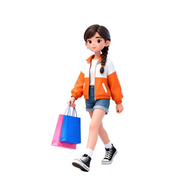 3D风格，白色背景，扎着麻花辫的年轻女人，迎面朝着前方走，一只手里拎着蓝色和粉色的购物袋，另一只手自然握住，上身穿着橙色和白色拼接的外套，下身穿着牛仔短裤，脚上穿着黑白帆布鞋，露出白色的袜子，整体画面预览效果