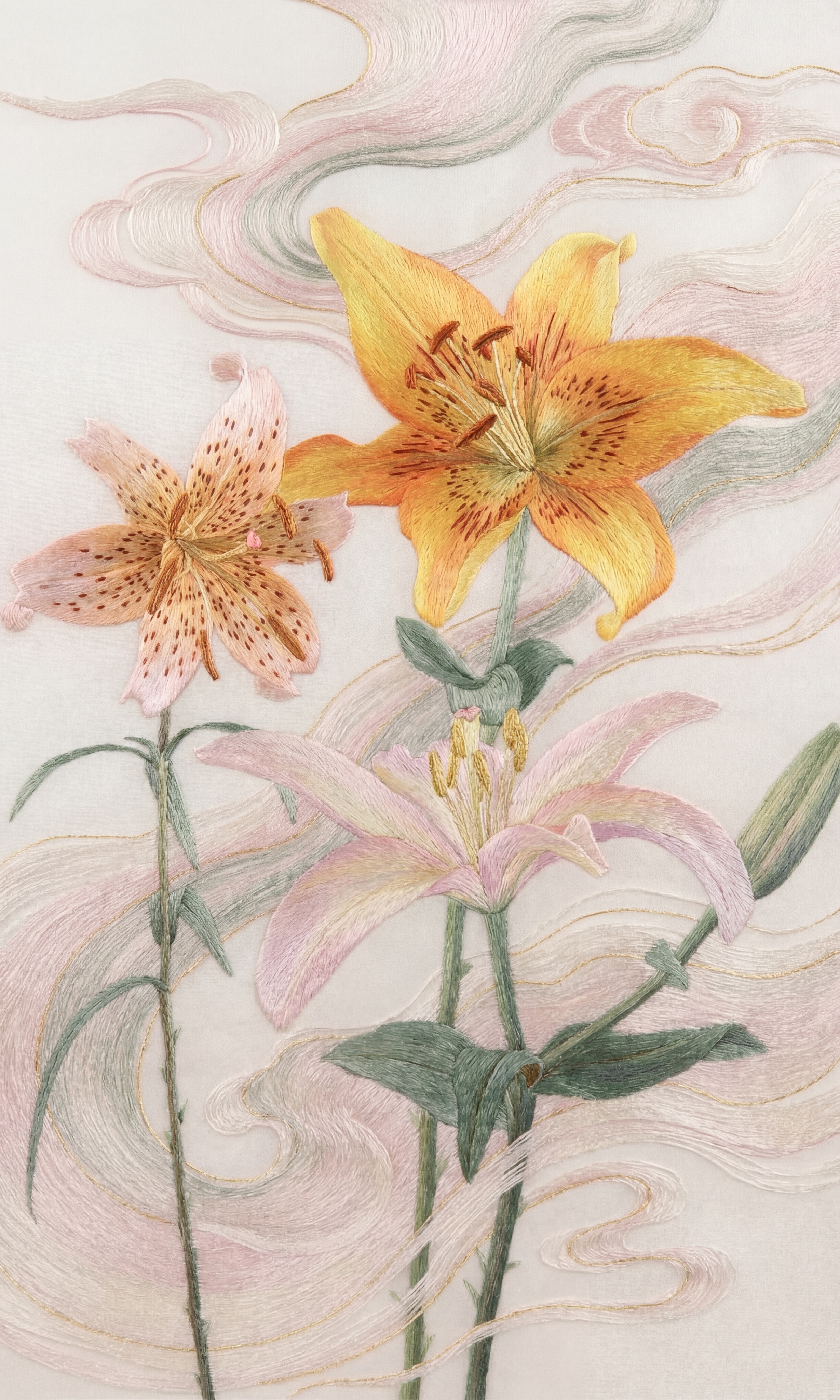 将这张百合花照片转化为极致细腻的苏绣平绣艺术品：采用苏绣特有的… - 图片创意预览