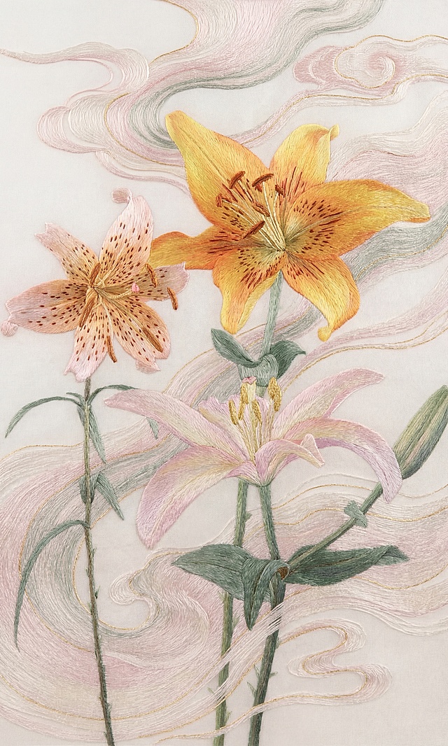将这张百合花照片转化为极致细腻的苏绣平绣艺术品：采用苏绣特有的极细桑蚕丝线，以平针、散套针等传统针法绣制；花瓣用极细的淡粉色、灰绿色、淡紫色丝线层层铺展，针脚细密平整无凸起，呈现薄纱般半透明质感；细节部分用极细金色丝线绣制，光泽柔和内敛；背景为流动的淡粉、灰绿、米白与金色细丝线，如云雾般轻柔缭绕；整体针脚细密到几乎不可分辨，丝线光泽温润柔和，底料为纯净米白色真丝，风格典雅空灵，充满东方美学韵味