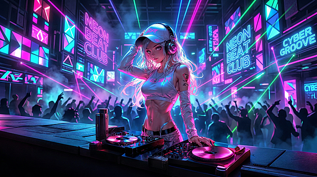 将图片背景替换为夜店场景，有闪烁的彩色霓虹灯，氛围热闹酷炫，保留原人物和整体风格不变