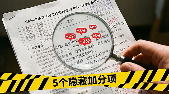 微距摄影，一张考生的简历/复试流程表，一只手拿着高倍放大镜聚焦在上面，在放大镜的视野里，原本普通的文字上方，漂浮着几个红色的+2分、+3分图标，画面底部叠加黄色警示胶带文字“5个隐藏加分项”