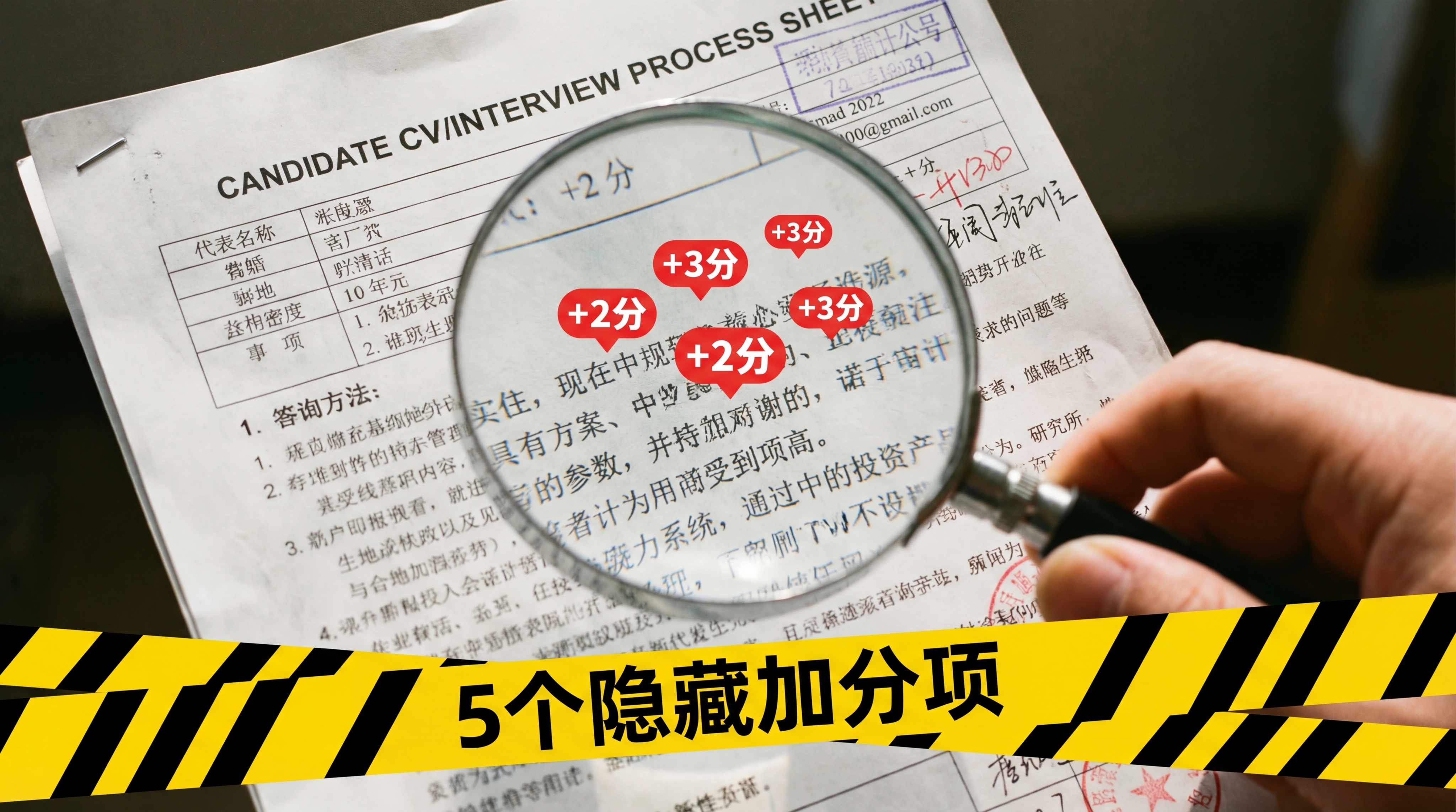 微距摄影，一张考生的简历/复试流程表，一只手拿着高倍放大镜聚焦… - 图片创意预览