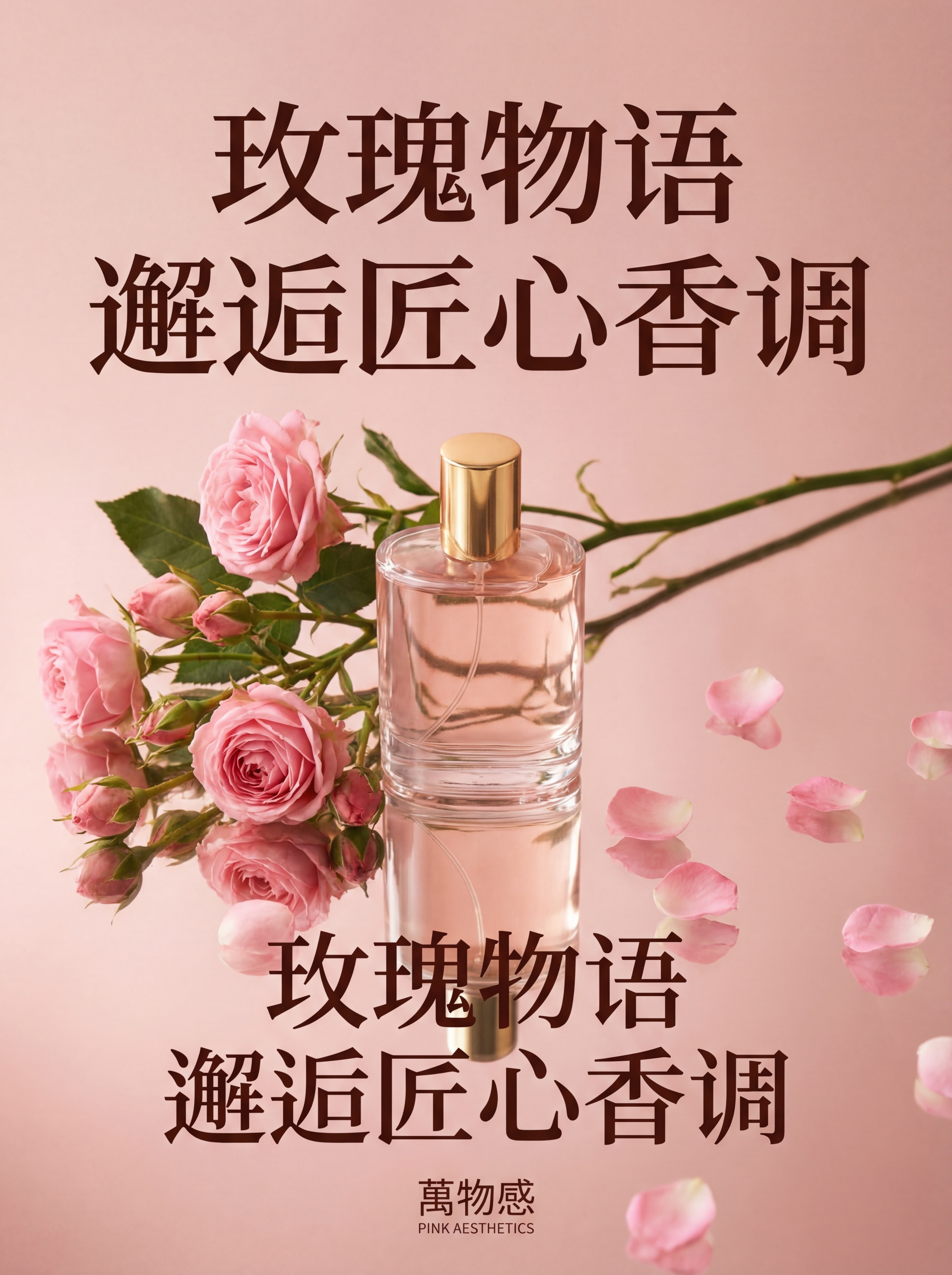 横向居中构图，主体是装有淡粉色液体、金色瓶盖的透明香水瓶，搭配… - 图片创意预览