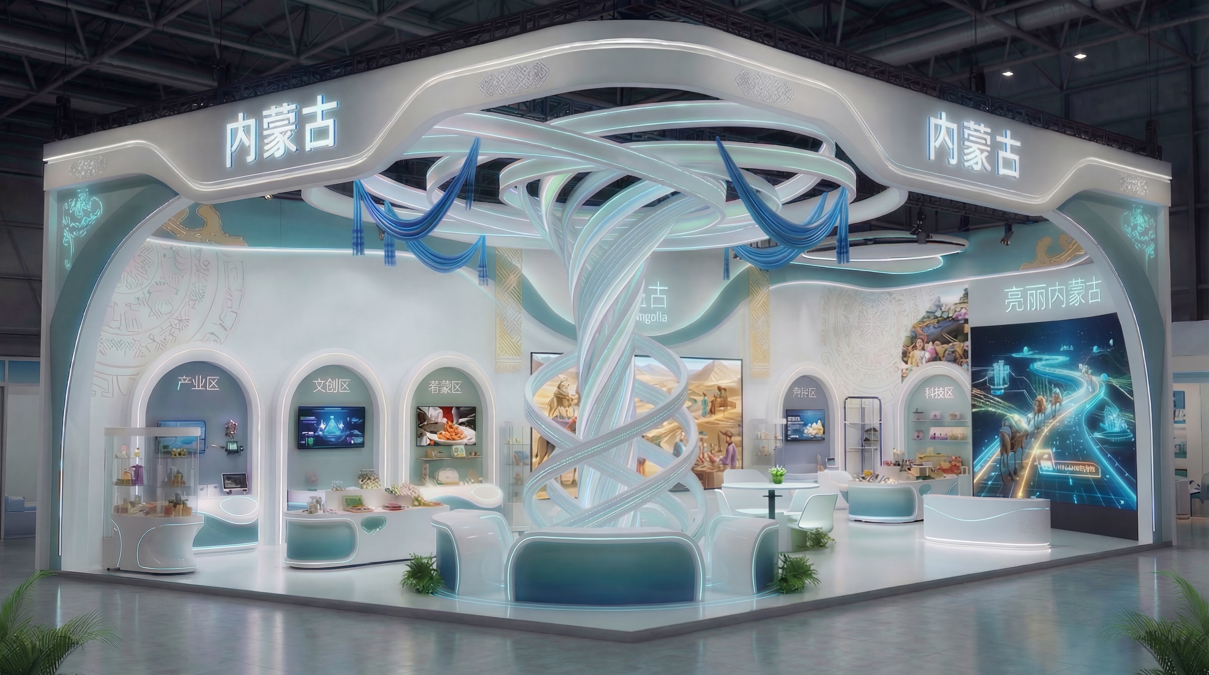 超现实科技风格内蒙古10×20米三面开口展台正立面视角效果图，… - 图片创意预览
